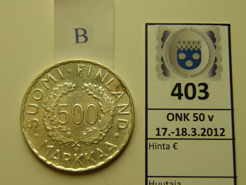 k-0403-b.jpg - Kohde 403 (kuva 2/2), l�ht�hinta: 250 &euro; / myyntihinta: 380 &euro; 500 mk 1951 Ag, hnja, epmv, kunto: 7