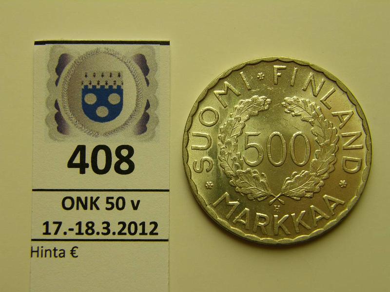 k-0408-a.jpg - Kohde 408, l�ht�hinta: 20 &euro; / myyntihinta: 46 &euro; 500 mk 1952 Ag, SNY 656.1 loistelias!, kunto: 9