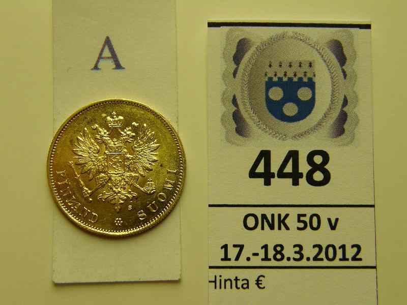 k-0448-a.jpg - Kohde 448 (kuva 1/2), lhthinta: 200 € / myyntihinta: 295 € 10 mk 1882 Au, hnja, kunto: 8