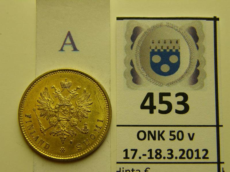 k-0453-a.jpg - Kohde 453 (kuva 1/2), l�ht�hinta: 225 &euro; / myyntihinta: 400 &euro; 20 mk 1879 Au, hnja, eprvja, kunto: 8