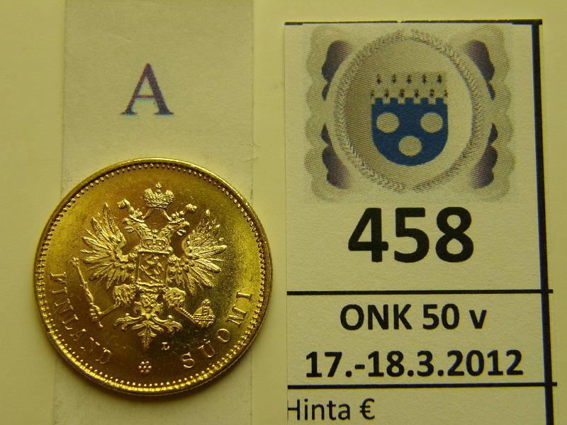 k-0458-a.jpg - Kohde 458 (kuva 1/2), l�ht�hinta: 225 &euro; / myyntihinta: 390 &euro; 20 mk 1904 Au, hnja, kunto: 9/8