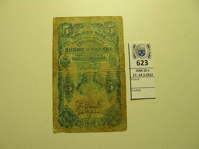 k-0623-a.jpg - Kohde 623, l�ht�hinta: 20 &euro; 5 mk 1897 SNY 129.2 12498585 STS-Ahl, m�nty, prep, preiki�, kunto: 1