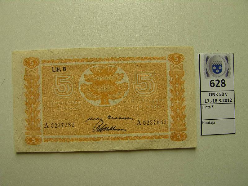 k-0628-a.jpg - Kohde 628, l�ht�hinta: 7 &euro; / myyntihinta: 12 &euro; 5 mk 1945 LB SNY 134.2 A0237682 KEK-Wah, kunto: 5