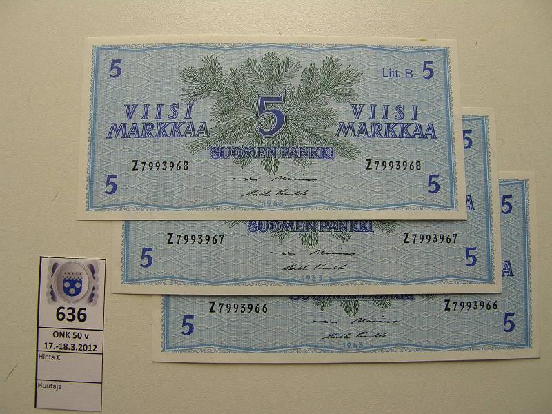 k-0636-a.jpg - Kohde 636, l�ht�hinta: 15 &euro; 5 mk 1963 LB (3) SNY 135.6 Z-sarja, 3 per�k. n:oa AL I-Pu1, yhdess� tahra, kunto: 9