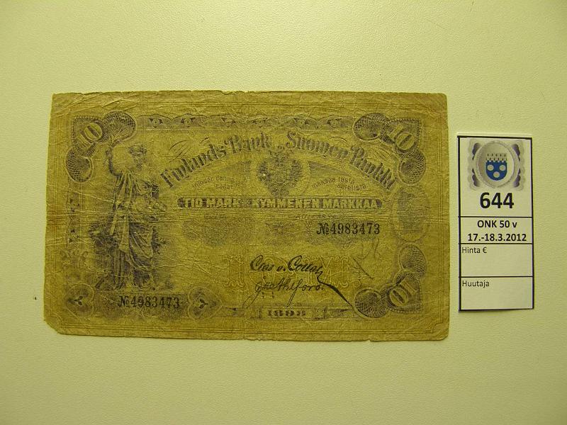 k-0644-a.jpg - Kohde 644, l�ht�hinta: 40 &euro; 10 mk 1898 2.painos SNY 140.3 4983473 COL-Ahl, rep�, reiki�, pieni pala pois, kunto: 2