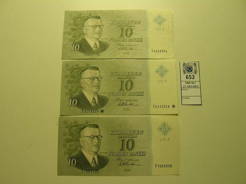 k-0652-a.jpg - Kohde 652, l�ht�hinta: 350 &euro; / myyntihinta: 880 &euro; 10 mk 1963 LA (3) SNY 146.5, 146.6, 146.7, T7085232 vl I, T6249796 vl II (yksi kirjain + vl II on harvinainen yhdistelm�), T0173216* vl I; kaikissa HET-Luu, kunto: 9,5,9