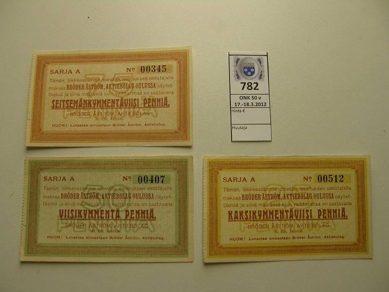 k-0782-a.jpg - Kohde 782, lhthinta: 35 € / myyntihinta: 225 € 25-75 p (3) 1917 Veljekset strm, Oulu 25, 50, 75 penni, kunto: 8
