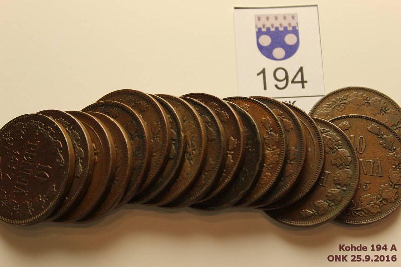 k-0194-a.jpg - Kohde 194, l�ht�hinta: 10 &euro; / myyntihinta: 21 &euro; 10 p 1865-1917 (17) Cu 1865, -66, -67, -89, -90, -91, -97, -99,1900(rvja), -05, -07, -08, -09, -15, -16, -17I, -17II., kunto: 3-6