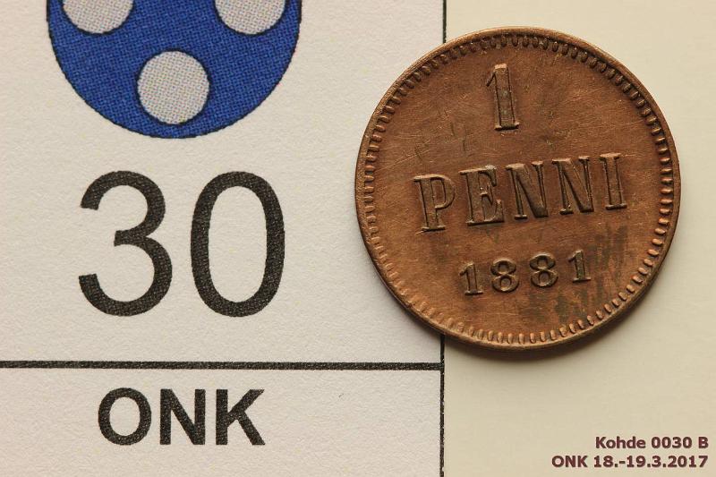 k-0030-b.jpg - Kohde 30 (kuva 2/2), l�ht�hinta: 15 &euro; / myyntihinta: 32 &euro; 1 p 1881 Siisti raha, aikanaan puhdistettu, kunto: 6