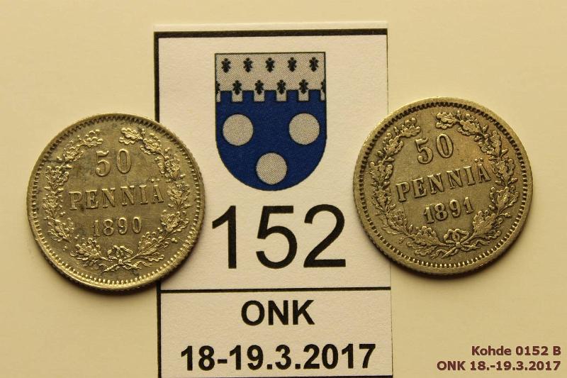 k-0152-b.jpg - Kohde 152 (kuva 2/2), l�ht�hinta: 20 &euro; / myyntihinta: 20 &euro; 50 p 1890, -91 Ag, hyv�t kansiokappaleet!, kunto: 6, 4