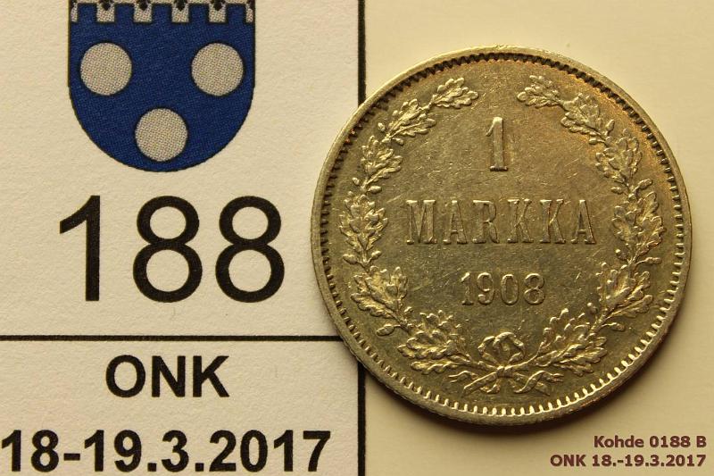 k-0188-b.jpg - Kohde 188 (kuva 2/2), l�ht�hinta: 7 &euro; / myyntihinta: 16 &euro; 1 mk 1908 Ag, hnja, prv, kunto: 6