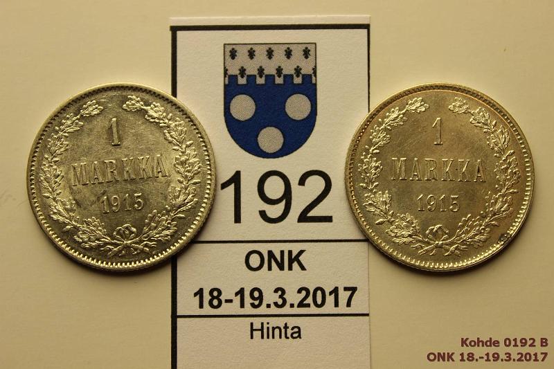 k-0192-b.jpg - Kohde 192 (kuva 2/2), l�ht�hinta: 20 &euro; / myyntihinta: 27 &euro; 1 mk 1915 (2) Ag, toisessa hnja, toisessa php, loisteliaat!, kunto: 9