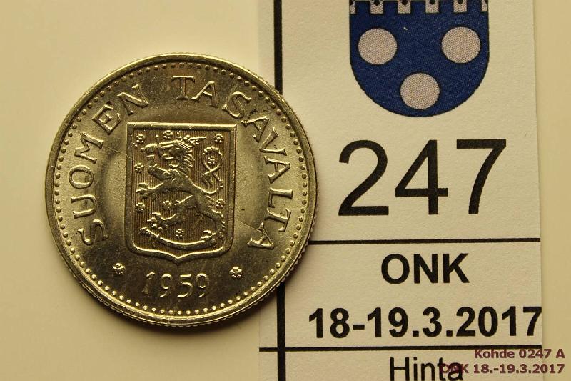 k-0247-a.jpg - Kohde 247, l�ht�hinta: 15 &euro; / myyntihinta: 25 &euro; 100 mk 1959 Ag, loistelias!, kunto: 9