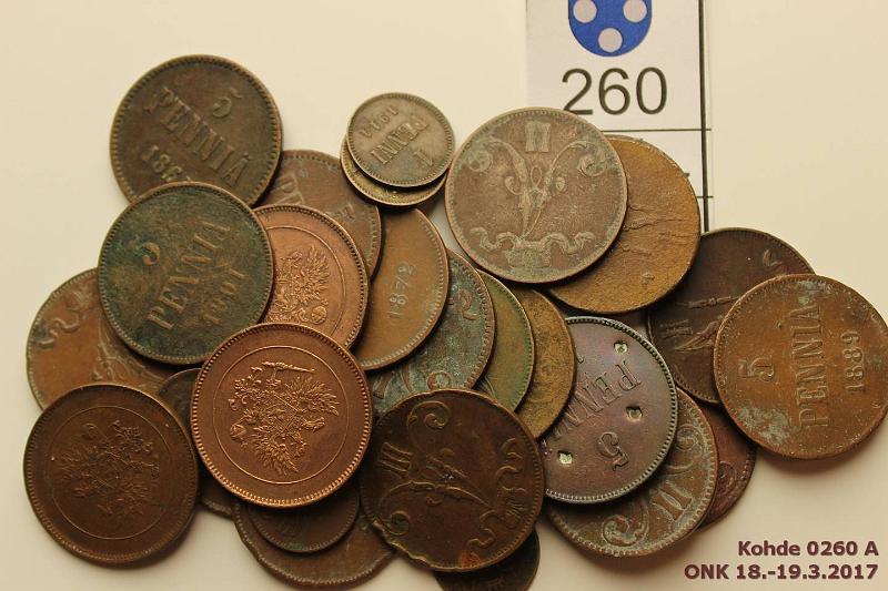 k-0260-a.jpg - Kohde 260, l�ht�hinta: 15 &euro; / myyntihinta: 38 &euro; 1 - 5 p 1865-1917 (30) Cu, 1p 1872, -91, -99, 1909, -12, -14(2), -16; 5p 1865, -66, -67, -70(2), -72(2), -75, -88(2), -89(3), -97, -98, 1901, -05, -08, -11, -17 II(3). Vikoja, kunto: 3-4