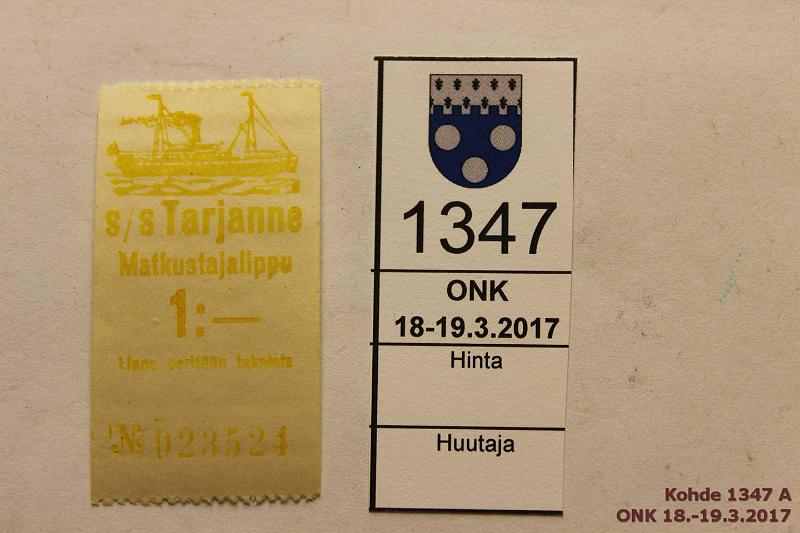 k-1347-a.jpg - Kohde 1347, l�ht�hinta: 5 &euro; Matkalippu 1:- S/S Tarjanne matkustajalippu n:o 015025. Vihre�. Vaakasivut hammastettu, kunto: 8